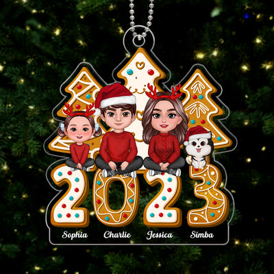 Gingerbread 2023 Family Dad Mom Kids Dogs Cats Crossed Legs Sitting Personalized Acrylic Ornament