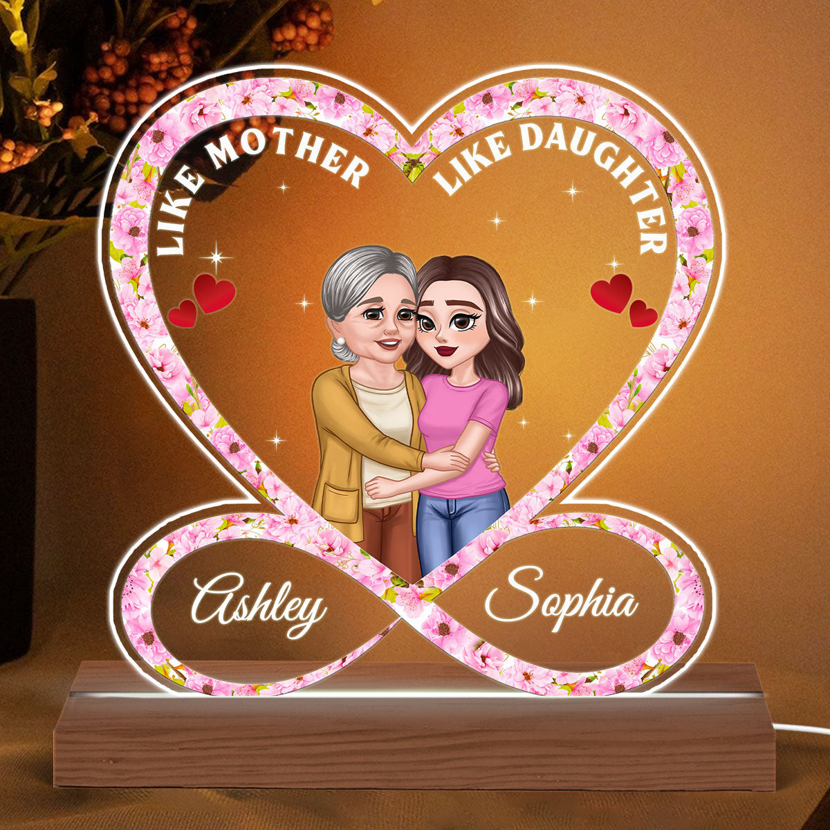 Infinity Heart Mother Daughter Hugging Personalized Acrylic Custom Shape LED Night Light