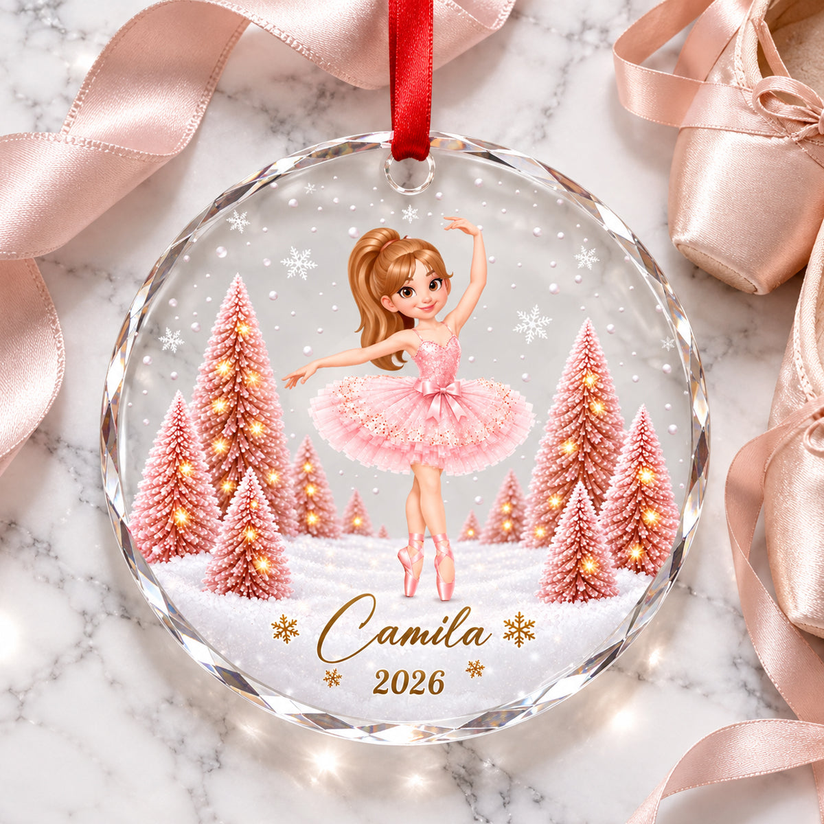 Pink Ballerina 2D Flat - Personalized Glass Ornament – Christmas Gift for Daughter, Granddaughter & Young Dancers