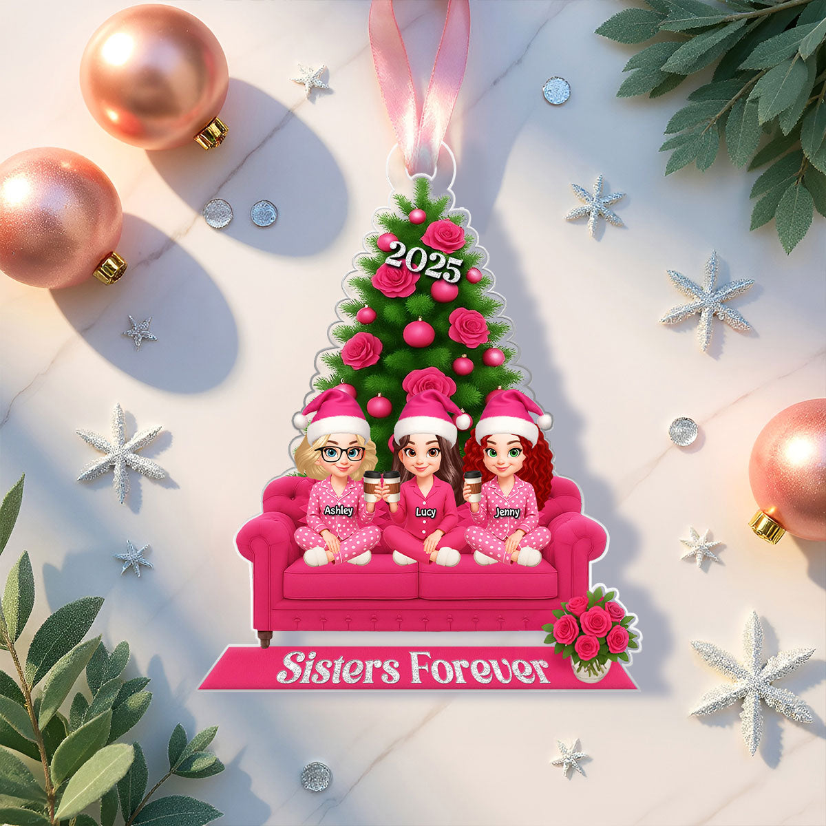 Besties Pink Christmas Tree Decor Personalized Acrylic Ornament, Gift for Best Friends, Sisters