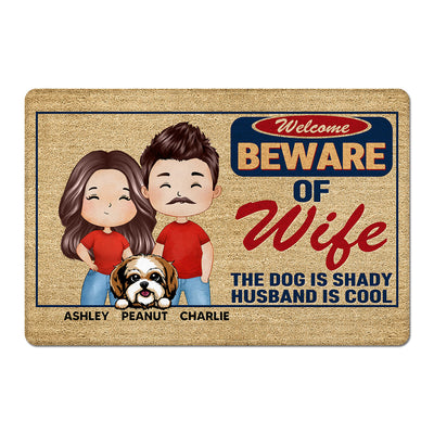 Beware Of Wife Dogs Are Shady Husband Is Cool Watercolor Couple Personalized Doormat