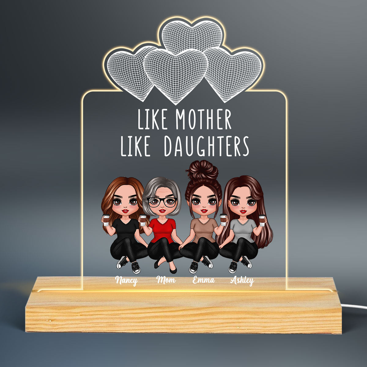Wireframe Hearts Doll Women Sitting Like Mother Like Daughter Personalized Custom Shape Acrylic Plaque LED Night Light