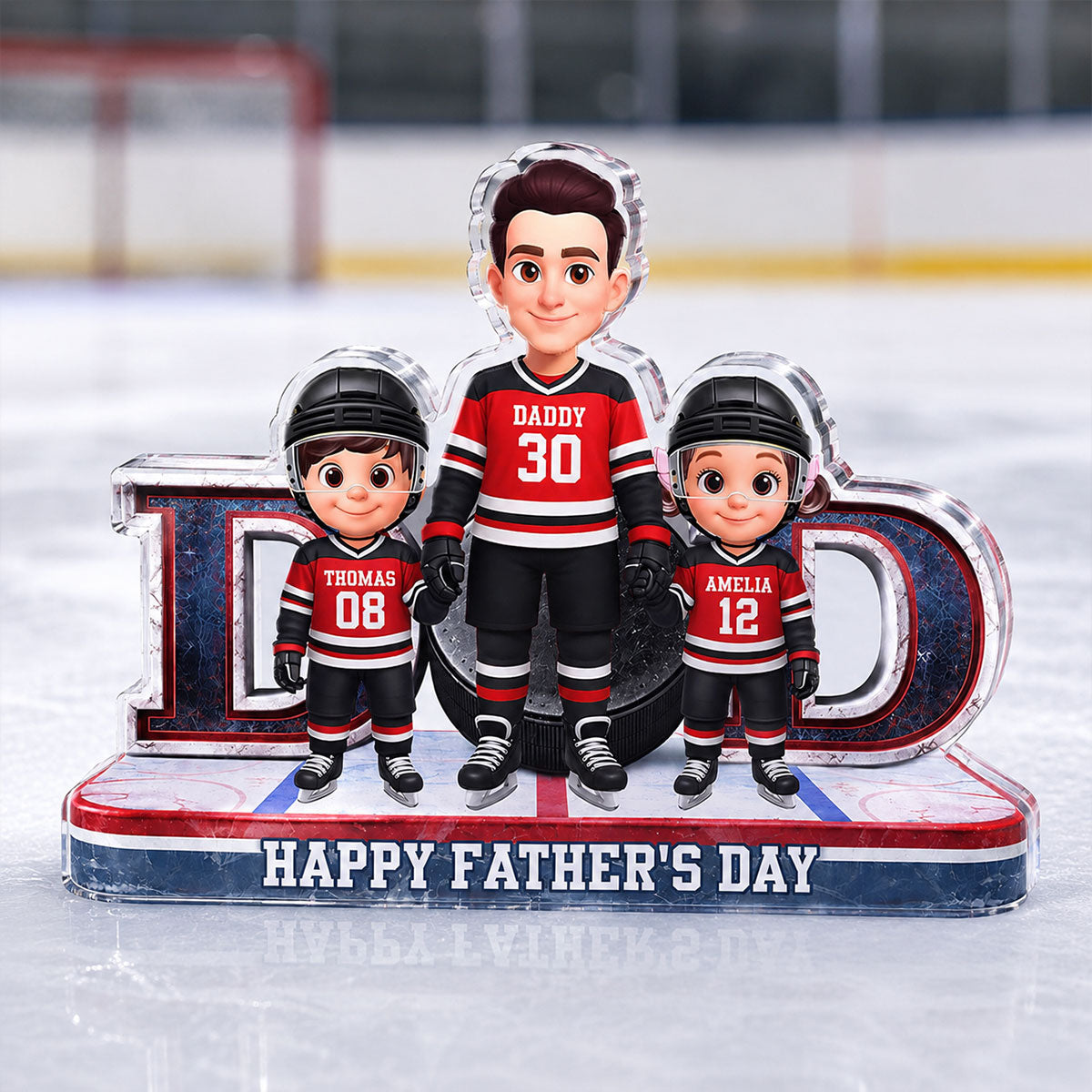Hockey Dad And Kids Together Front View - Personalized Acrylic Block Plaque - Father's Day Gift For Dad, Husband