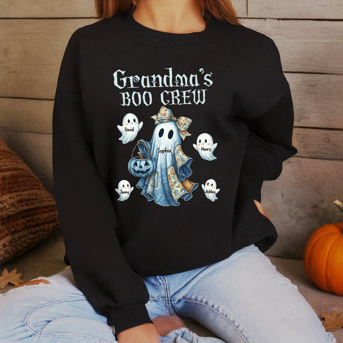 Grandma's Boo Crew Retro Halloween Blue Denim Ghost Personalized Sweatshirt, Spooky Sweatshirt for Grandma, Mom