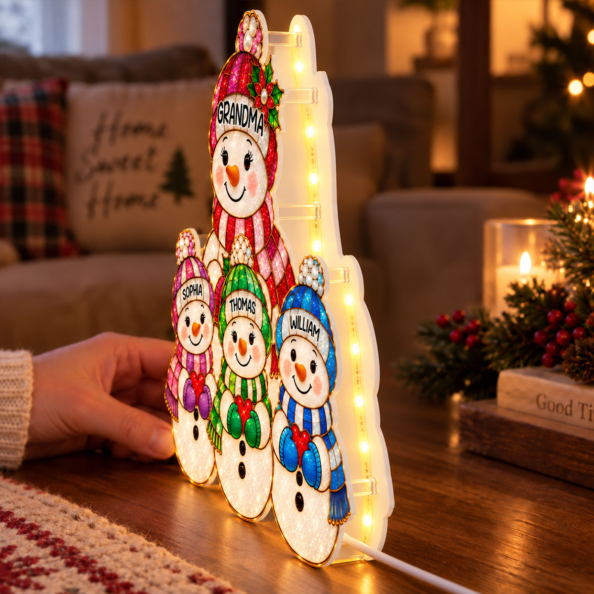 Cute Snowman Grandma Grandpa & Grandkids 2D Flat Printed - Personalized Light Box - Christmas Decor For Family, Grandma, Grandpa