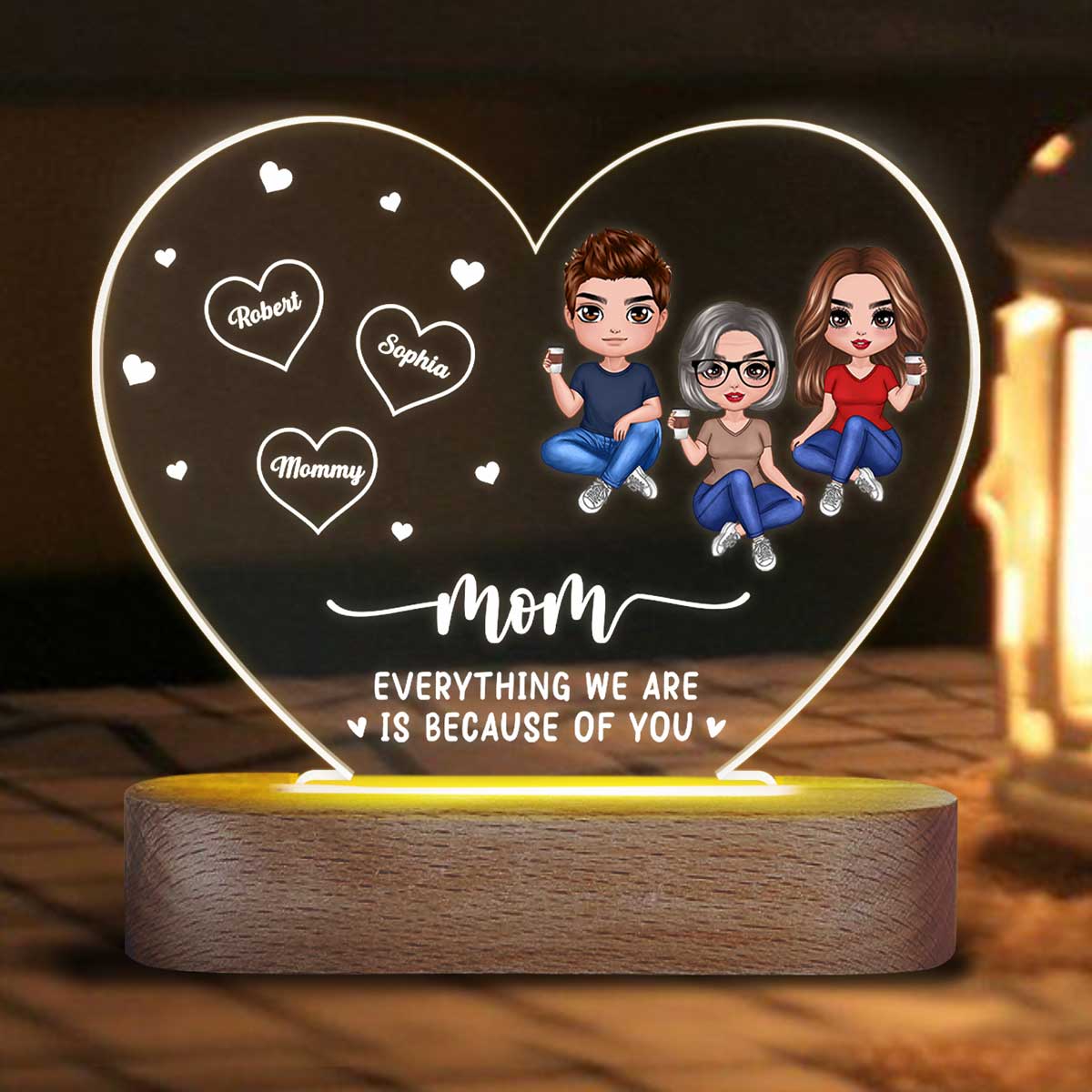 Mom Everything We Are Is Because Of You Personalized Heart Plaque LED Night Light