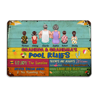 Grandparents Pool Rules Summer Palette Back View Sitting Man Woman Kids Personalized Metal Sign