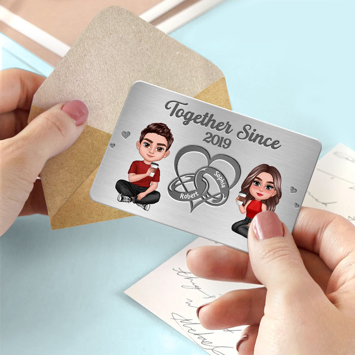 Doll Couple Heart Rings Gift For Him Personalized Metal Wallet Card