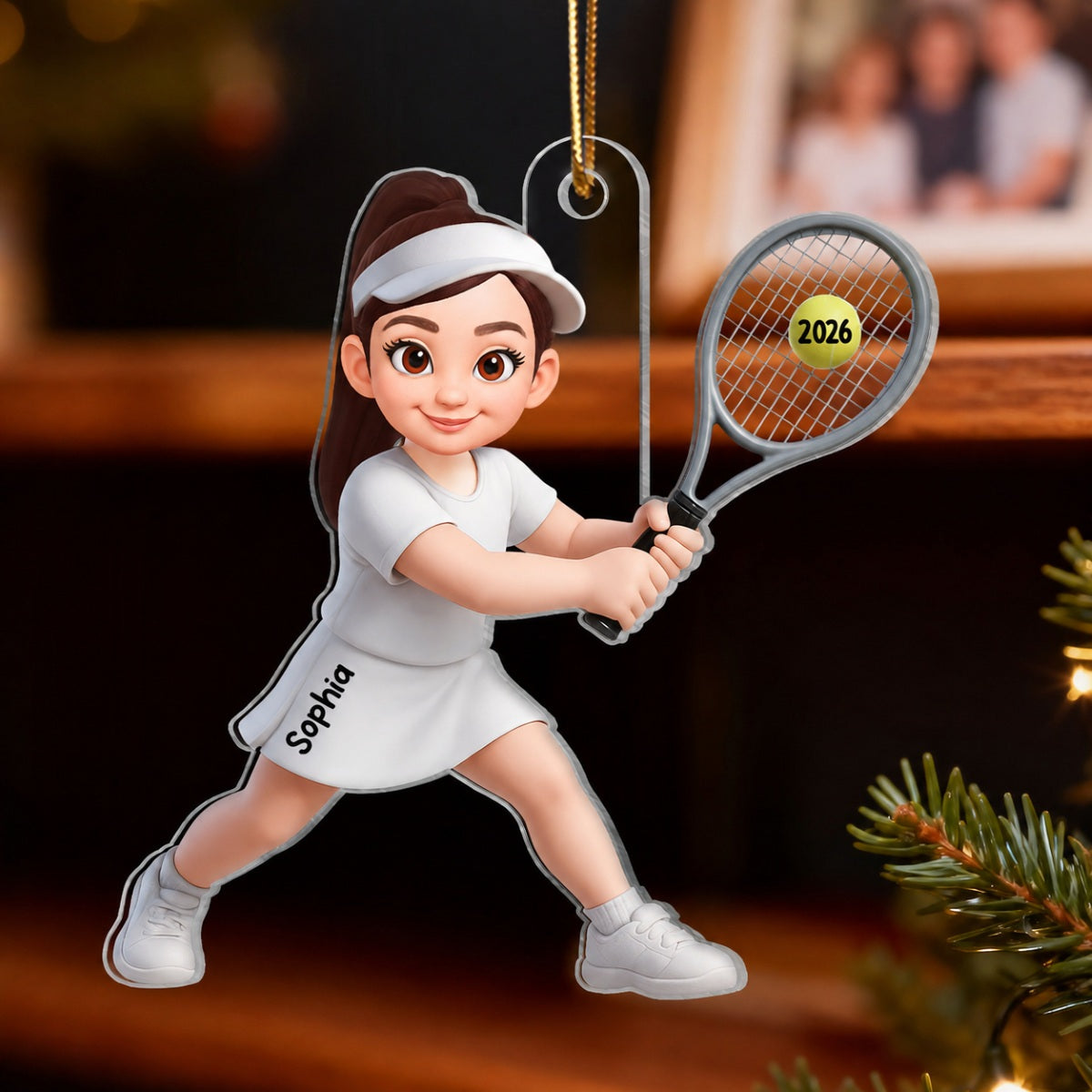 3D Effect Christmas Girl Boy Playing Tennis - Personalized Acrylic Ornament - Gift For Tennis Players, Grandson, Granddaughter
