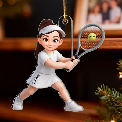 3D Effect Christmas Girl Boy Playing Tennis - Personalized Acrylic Ornament - Gift For Tennis Players, Grandson, Granddaughter