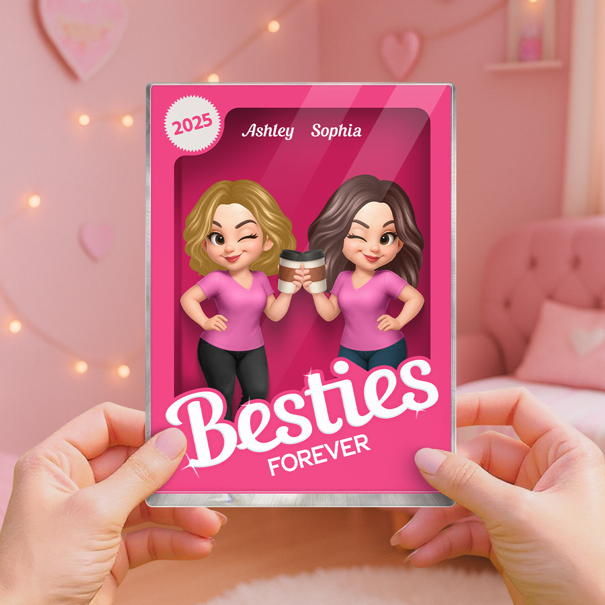 Besties Forever Pink Action Figure 3D Effect Personalized Acrylic Block, Meaningful Gift For Best Friend