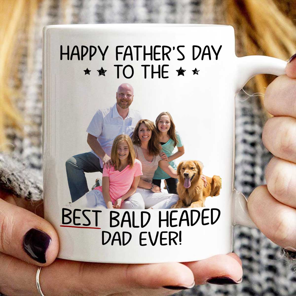 Behind Spoiled Daughter Is Bald Headed Father Photo Inserted Funny Father‘s Day Gift For Dad Personalized Mug