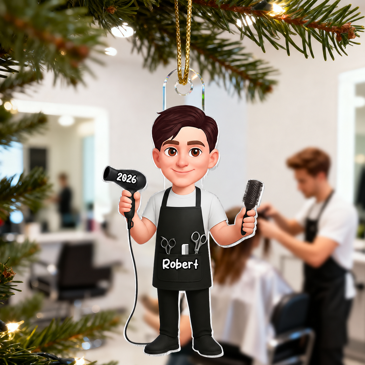 3D Effect Christmas Hairdresser Man Woman - Personalized Acrylic Ornament - Gift For Hairdressers
