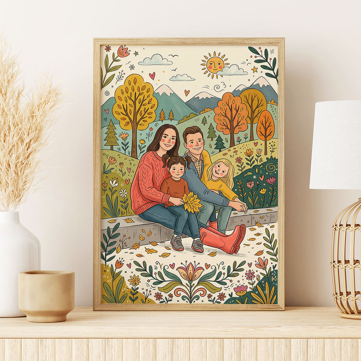 Folk Art Illustration Style - Custom Family Couple Portrait Photo - Personalized Poster - Gift For Family, Him, Her