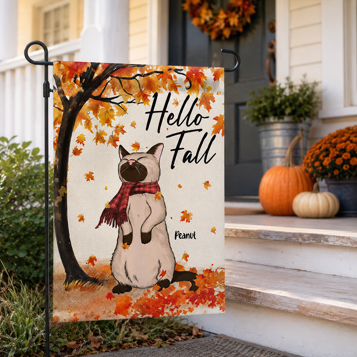 Hello Fall Cute Cat Standing In Fall Breeze - Personalized Garden Flag - Fall Season Decor For Cat Lover