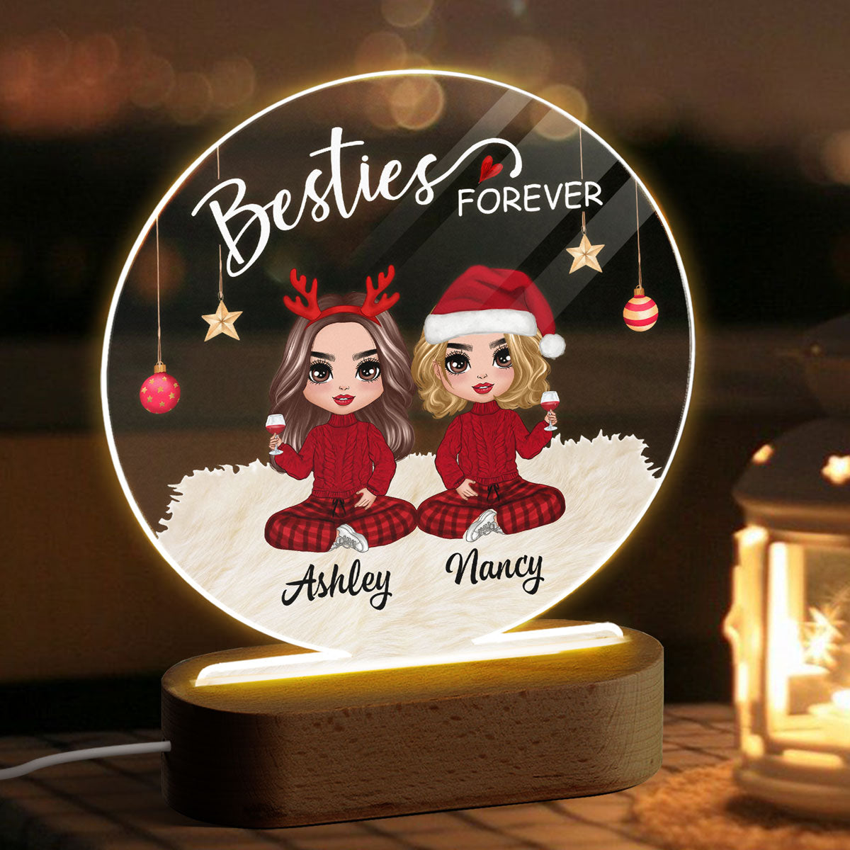 Doll Besties Christmas Checkered Pants Personalized Circle Acrylic Plaque LED Night Light