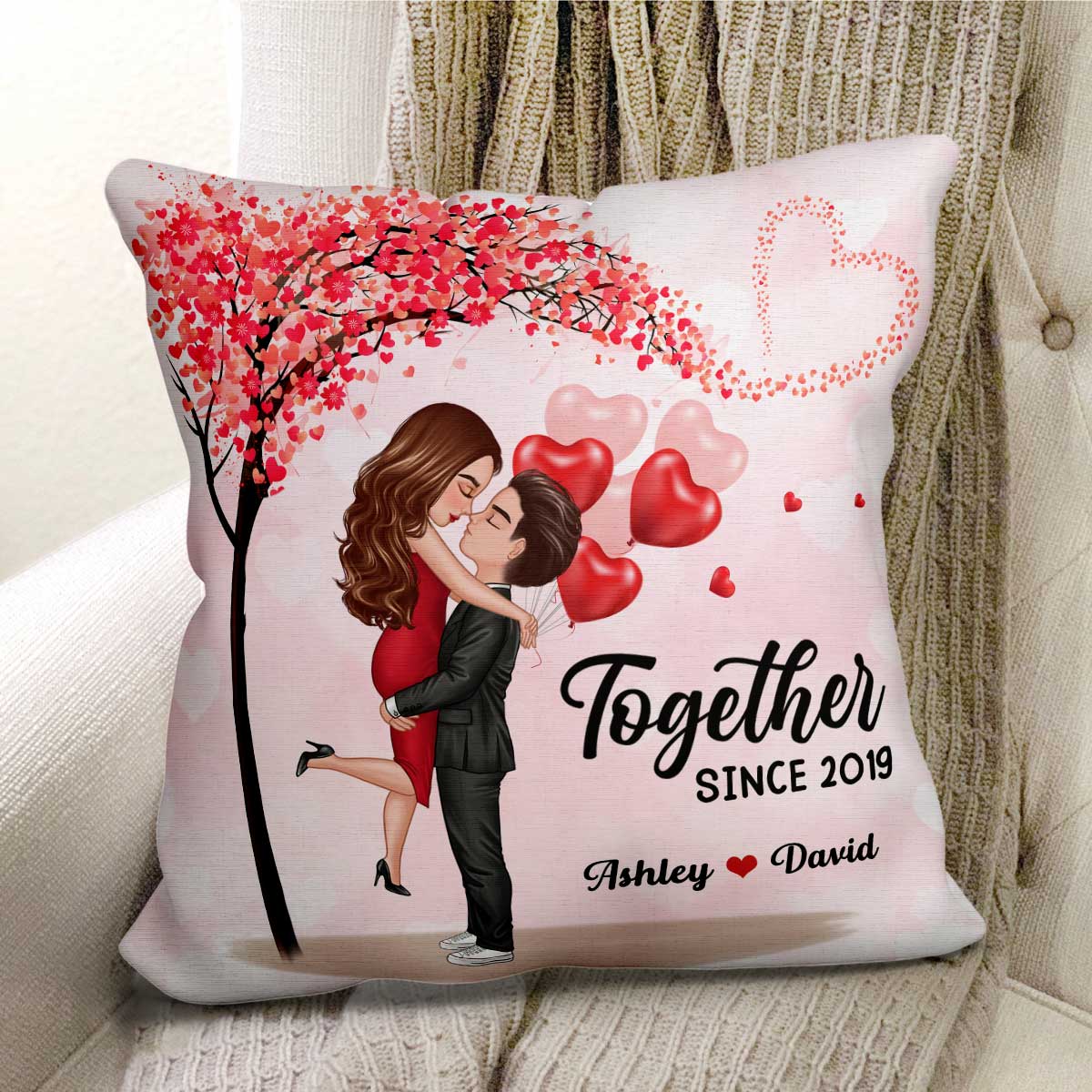 Couple Hugging Kissing Under Heart Tree Personalized Pillow - Valentine‘s Day Gift