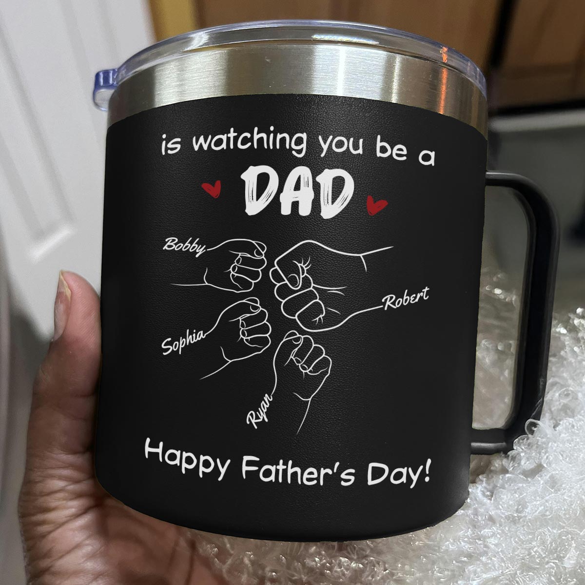 From Mom Dad To Son Watching You Be A Dad Personalized Stainless Steel Tumbler With Handle, Gift For Son