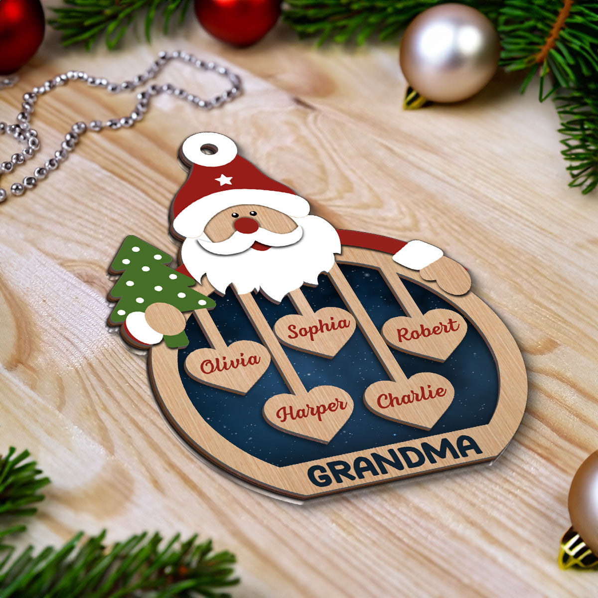 Grandma's Sweethearts Santa Claus Personalized Christmas 2-Layer Wooden Ornament