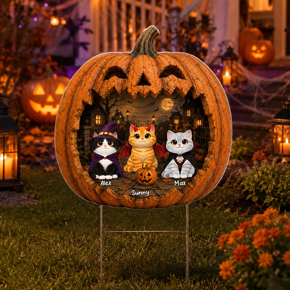 Spooky Halloween Pumpkin Cats - Personalized Yard Sign - Halloween Decor For Cat Lovers