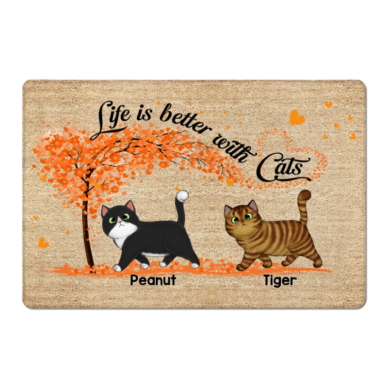 Walking Fluffy Cat Under Heart Tree Personalized Doormat