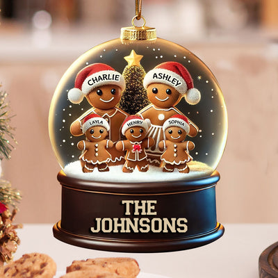 Gingerbread Family In Snow Globe 3D Effect Personalized Acrylic Ornament
