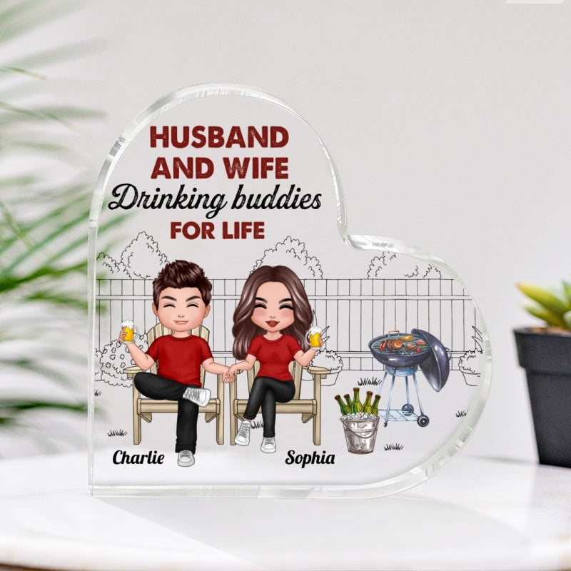Grilling Drinking Couple Personalized Acrylic Heart Plaque