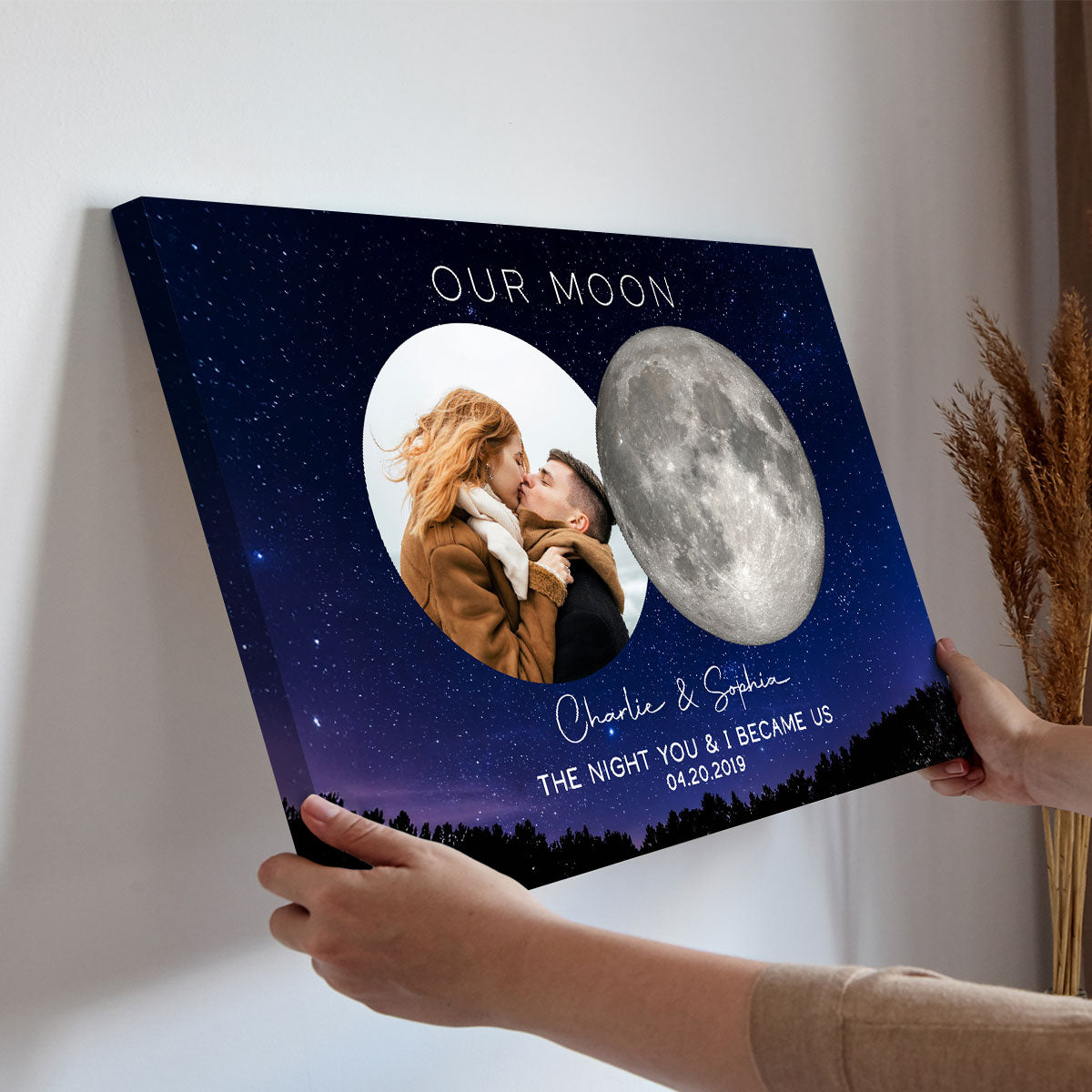 Our Moon Couple Custom Photo Moon Phase Art Anniversary Gift For Him, Gift For Her Wedding Gift Personalized Canvas