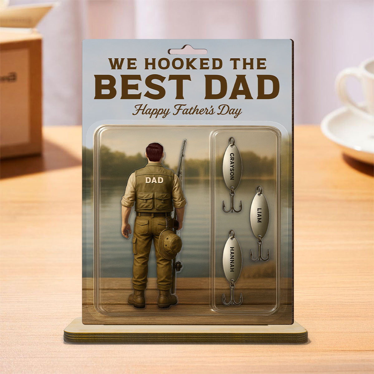 We Hooked The Best Dad Grandpa Fishing With Kids' Names Custom Figure Personalized Standing Wooden Plaque, Perfect Father's Day Gift For Fishing Dad, For Husband, For Grandpa