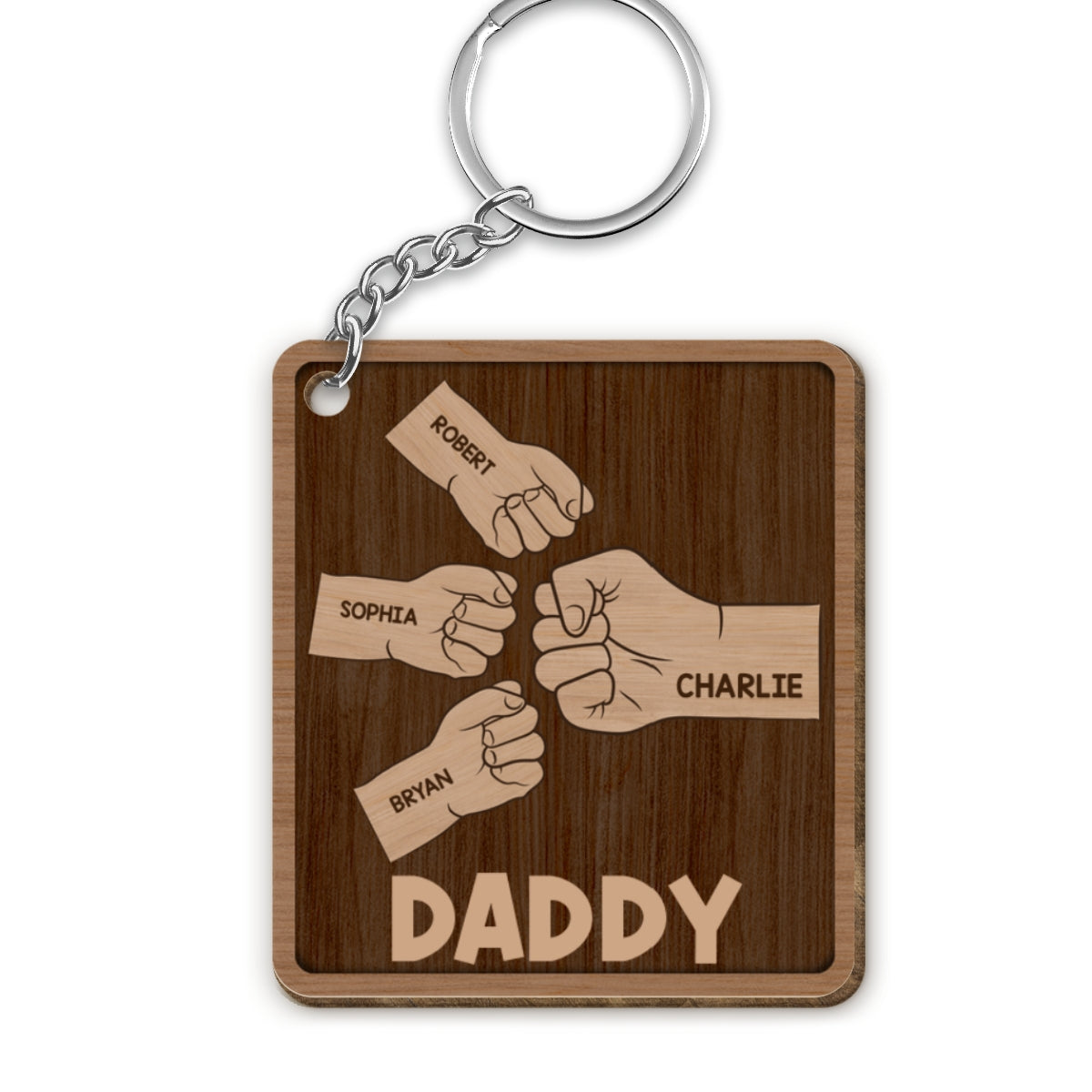 Dad Grandpa And Kids Fist Bump Hands Personalized Wooden Keychain