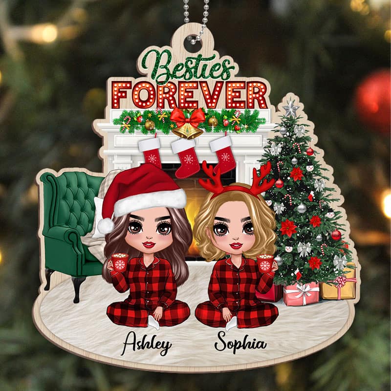 Christmas Doll Besties Sitting At Fireplace Personalized Wooden Ornament