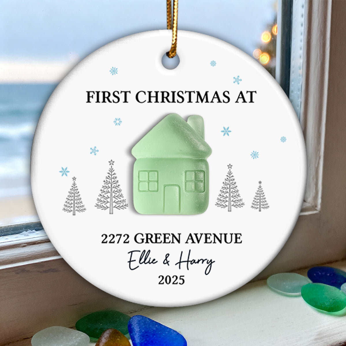 First Christmas New Home 3D Sea Glass Effect - Personalized Ceramic Ornament With Acrylic Pieces - New Home Decor