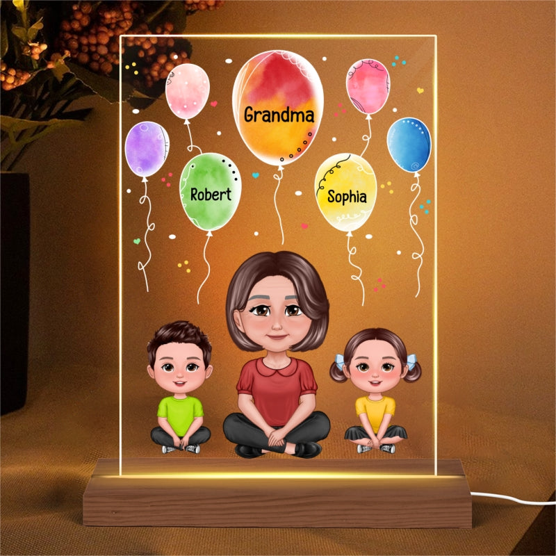 Pretty Grandma & Grandkids Sitting Watercolor Balloons Personalized Rectangle Acrylic Plaque With LED Night Light