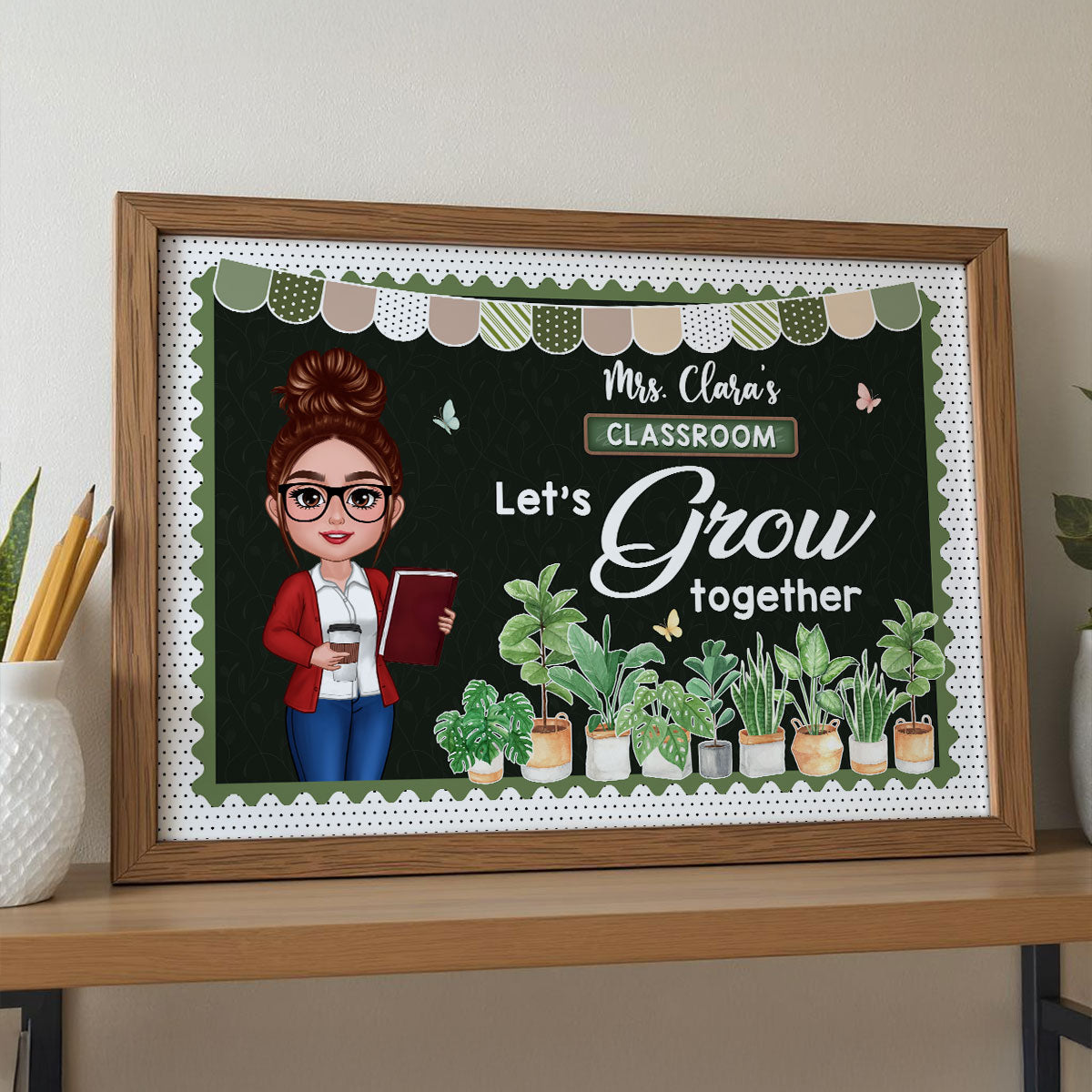 Greenery Boho Plants Let's Grow Together Teacher Personalized Poster, Classroom Decoration