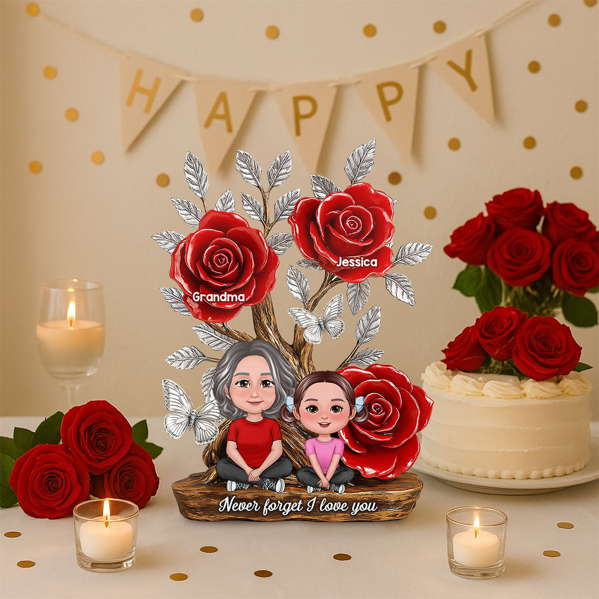 Mom Grandma & Kids Sitting Under Tree With Roses Personalized Acrylic Block Plaque