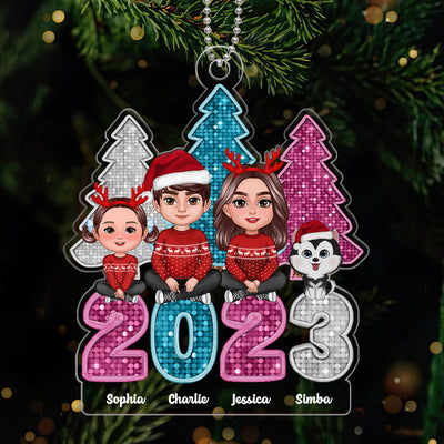 Family Sitting Crossed Legs Faux Glitter Sequins Christmas Tree Personalized Acrylic Ornament