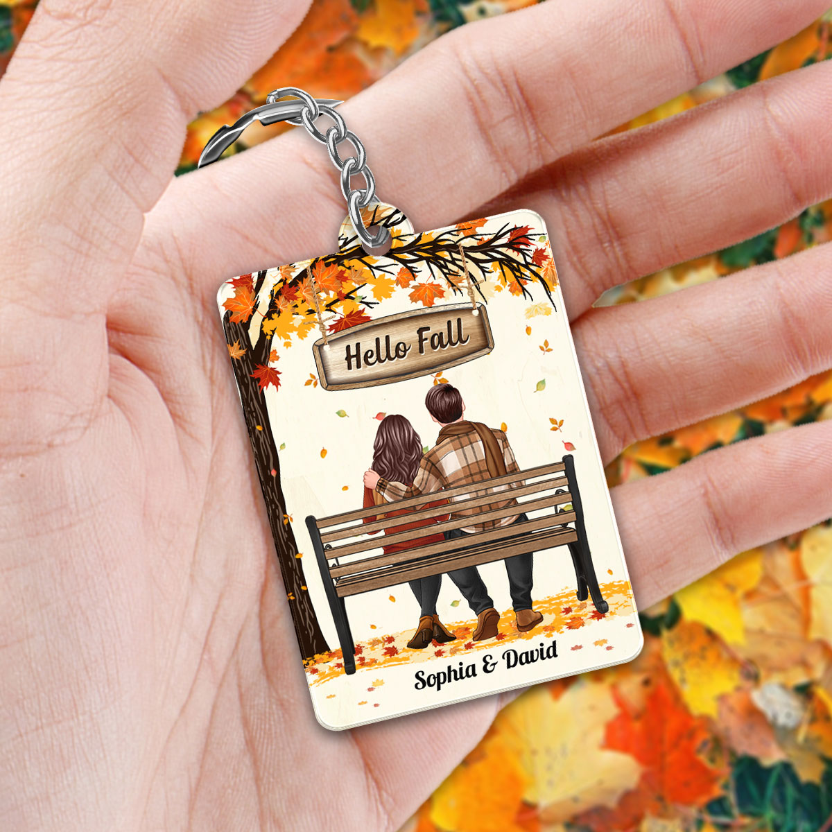 Fall Season Couple Sitting Back View Under Tree Personalized Acrylic Keychain