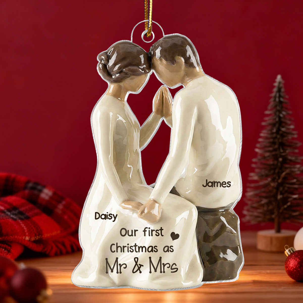3D Effect Couple Sitting Side By Side - Personalized Acrylic Ornament - Newlyweds Couple Keepsake
