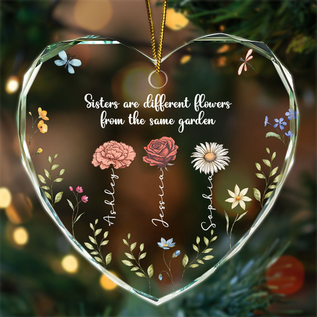 Sisters Are Different Flowers From The Same Garden Personalized Heart Glass Ornament, Christmas Gift For Sisters