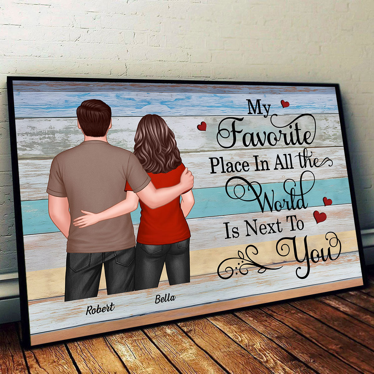 Couple Standing Back View Colorful Wood Pallets Personalized Poster