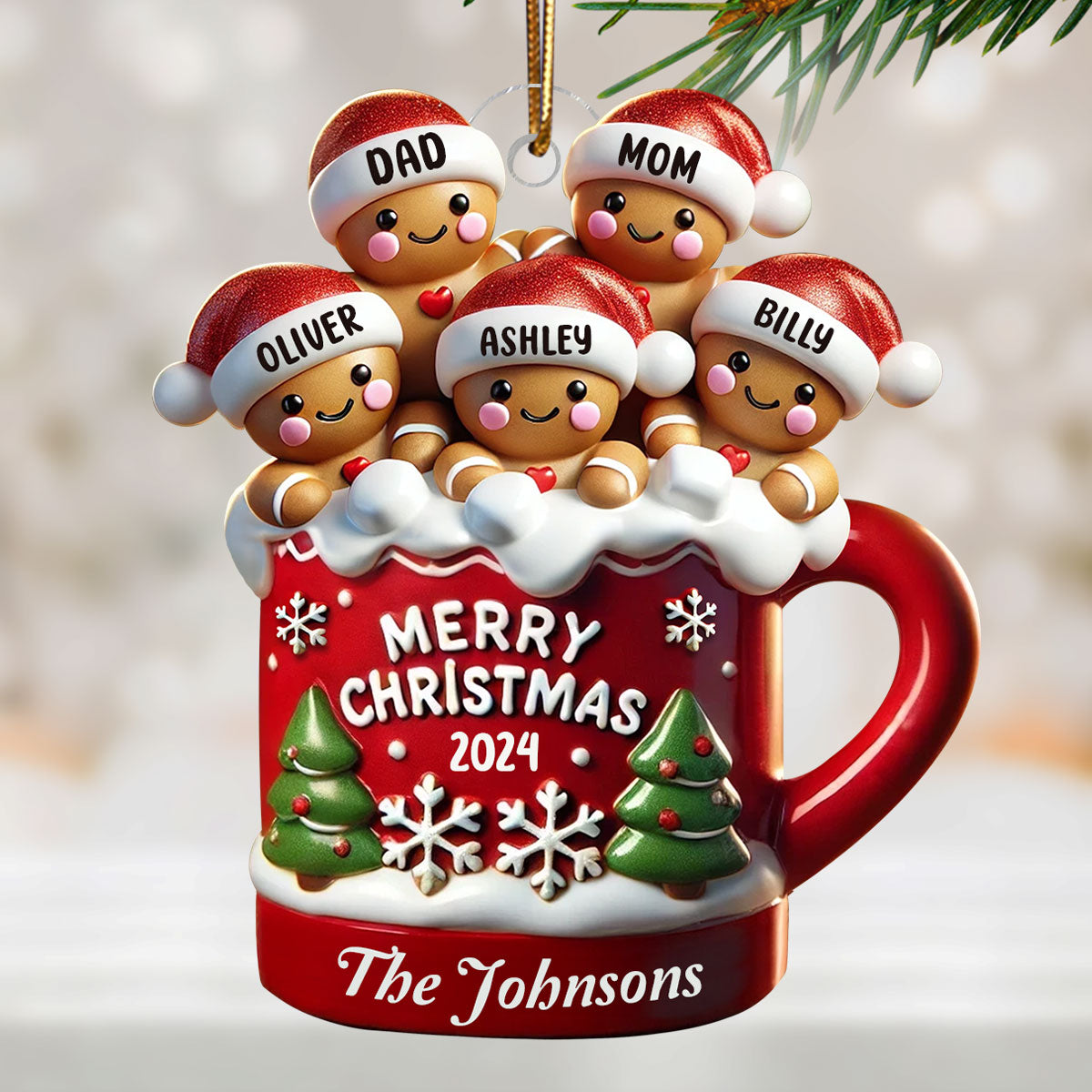 Gingerbread Family In Hot Cocoa Christmas Decor - Personalized Acrylic Ornament