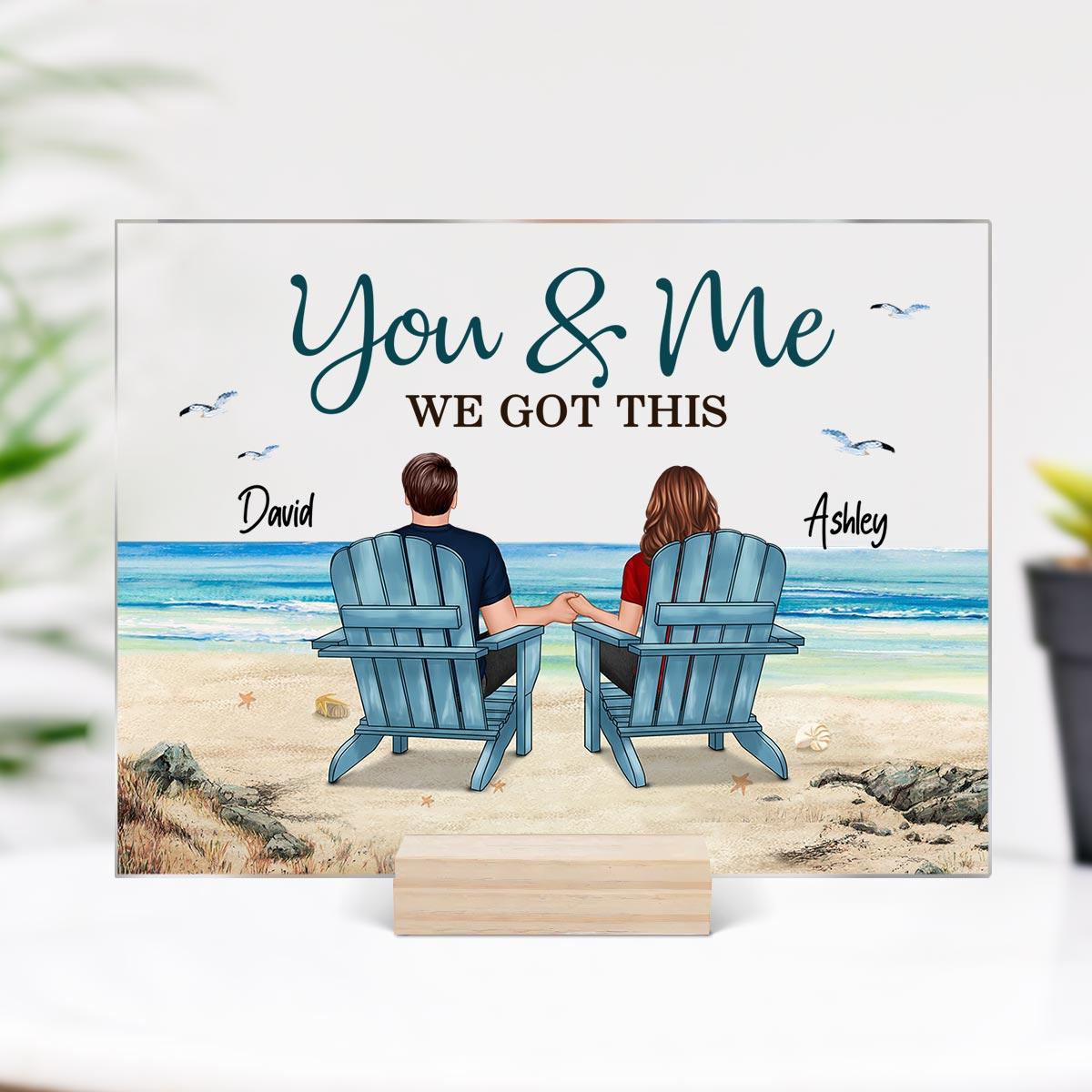 Back View Couple Sitting Beach Landscape Personalized Acrylic Plaque