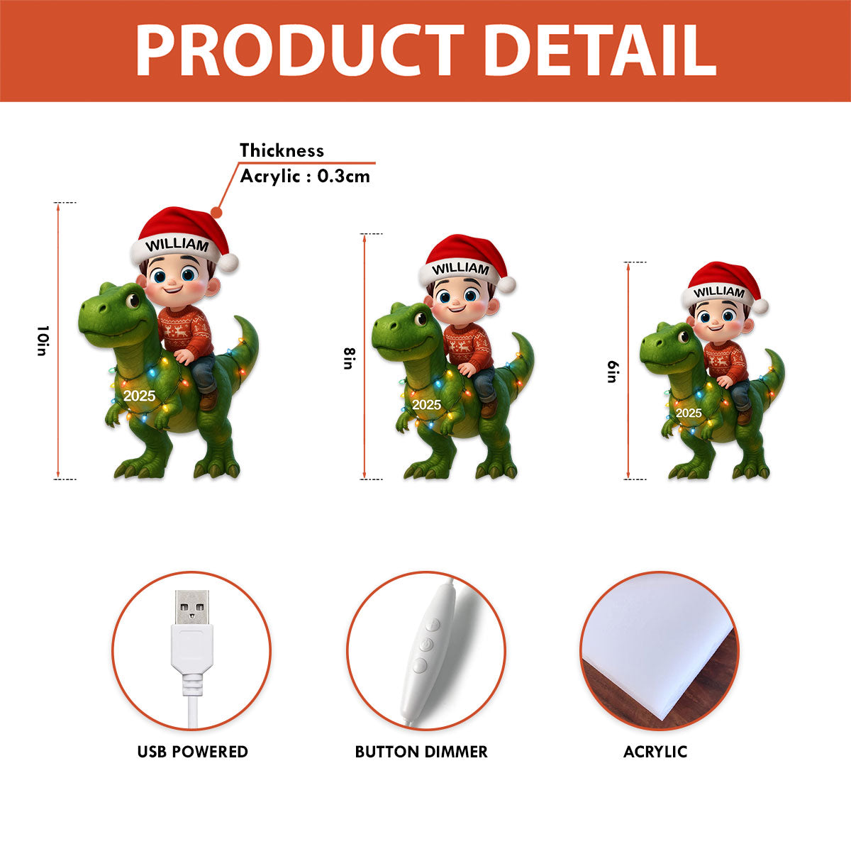 3D Effect Cute Cartoon Kid With Dinosaur Christmas Personalized LED Light Box