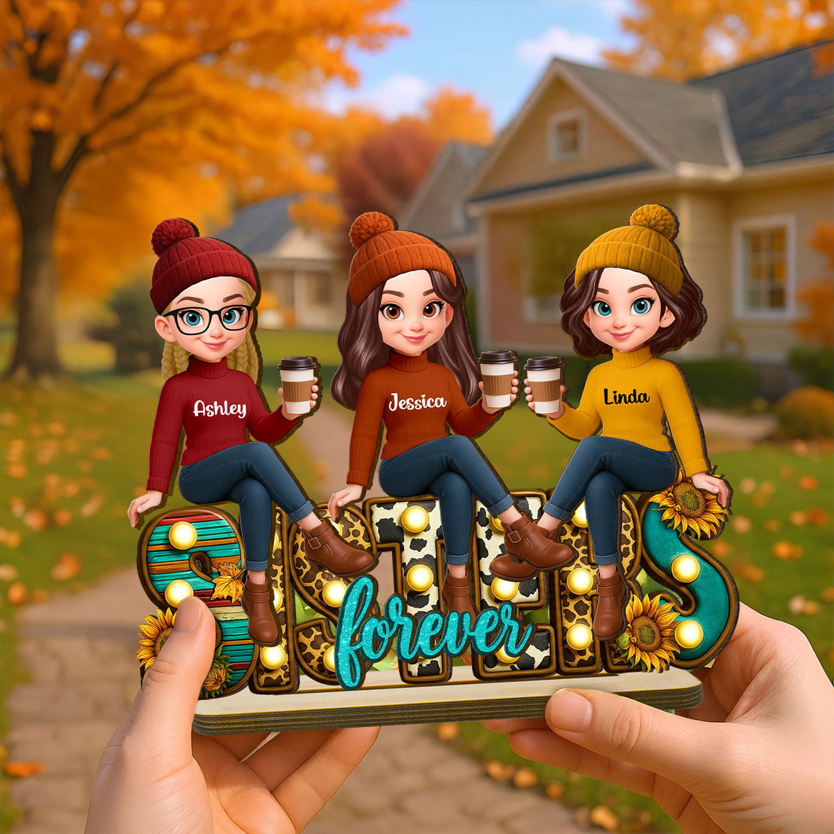 Western Fall Vibe Besties Sitting Personalized Standing Wooden Plaque, Fall Gift for Best Friends