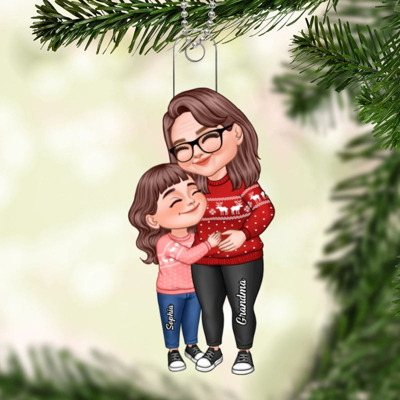 Cartoon Grandma & Grandkid Hugging Christmas Gift For Granddaughter Grandson Personalized Acrylic Ornament