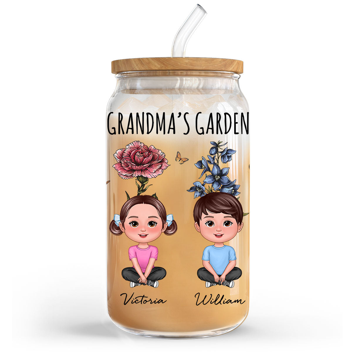 Gift For Grandma Grandma‘s Garden Cute Kids With Beautiful Vintage Birth Flower Behind Personalized Clear Glass Can
