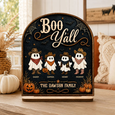 Boo Y'all Cowboy Ghost Family 2D Flat - Personalized 2-Layered Wooden Plaque - Western Country Vibe Halloween Decor