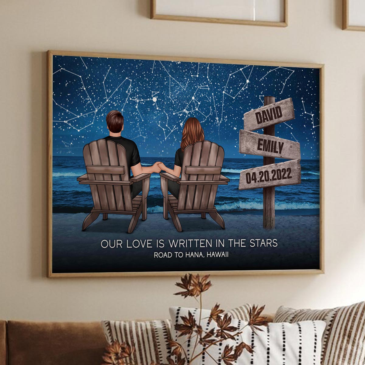 Custom Constellation Star Map Romantic Beach Landscape Couple Sitting Holding Hands Sign Posts Personalized Poster, Heartfelt 2025 Gift For Couple, For Him, For Her, Boyfriend, Girlfriend, Husband, Wifed, Wife