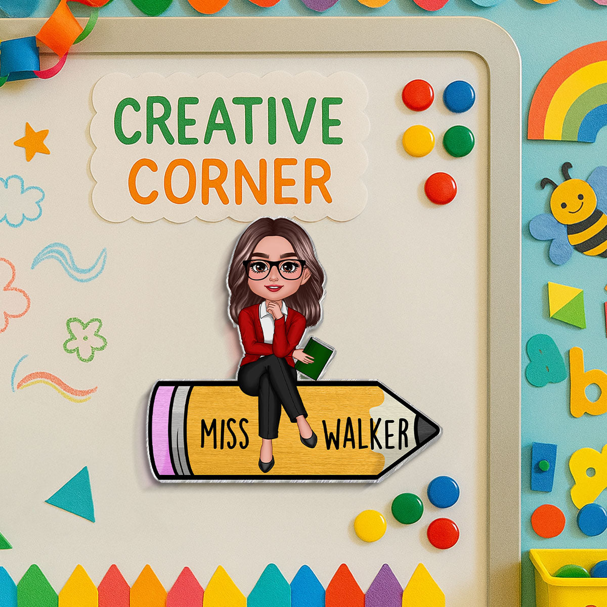 Teacher Sitting On Pencil Personalized Whiteboard Magnet, Classroom Decor