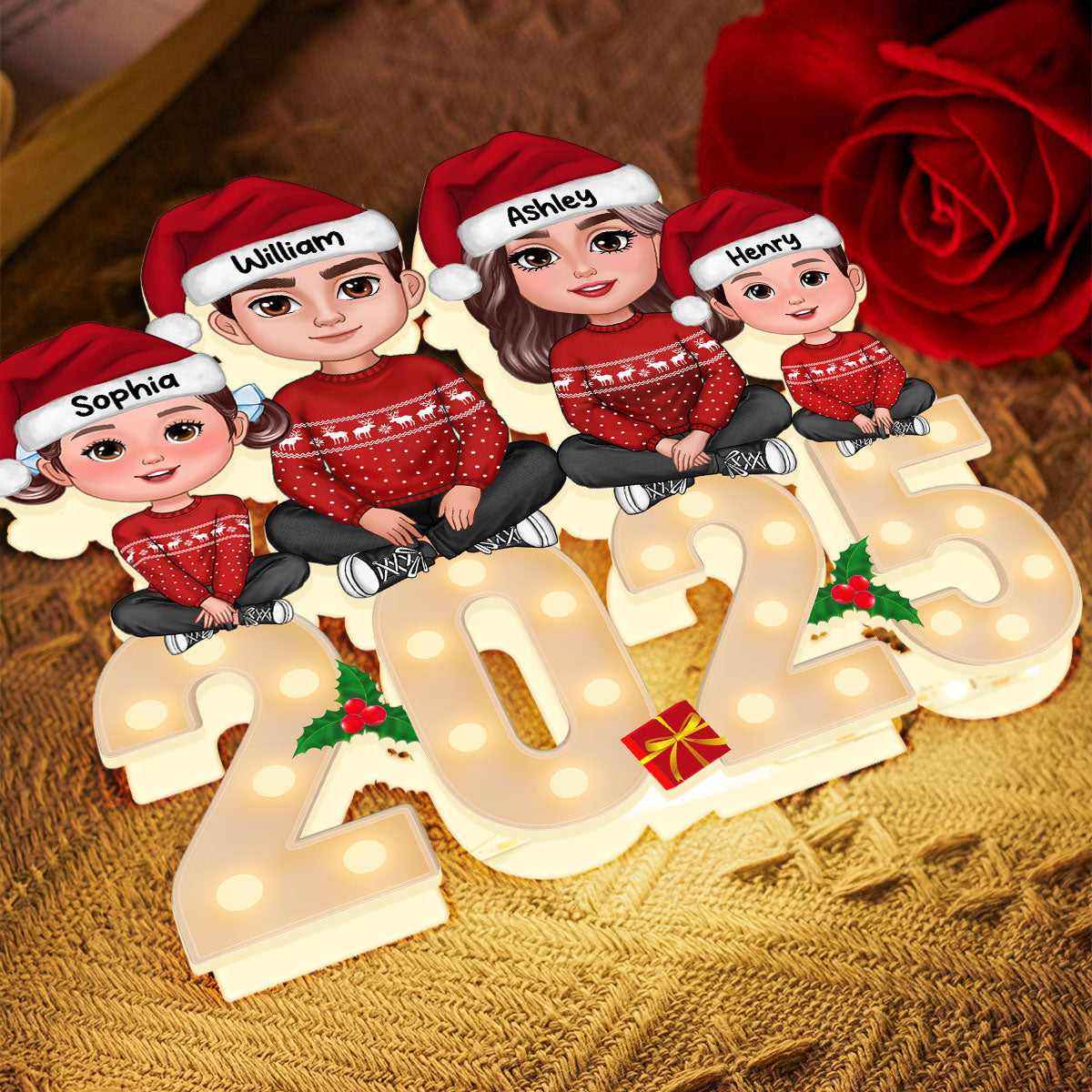 Family Sitting On Marquee Effect Letter Personalized LED Light Box, Christmas Decor For Family